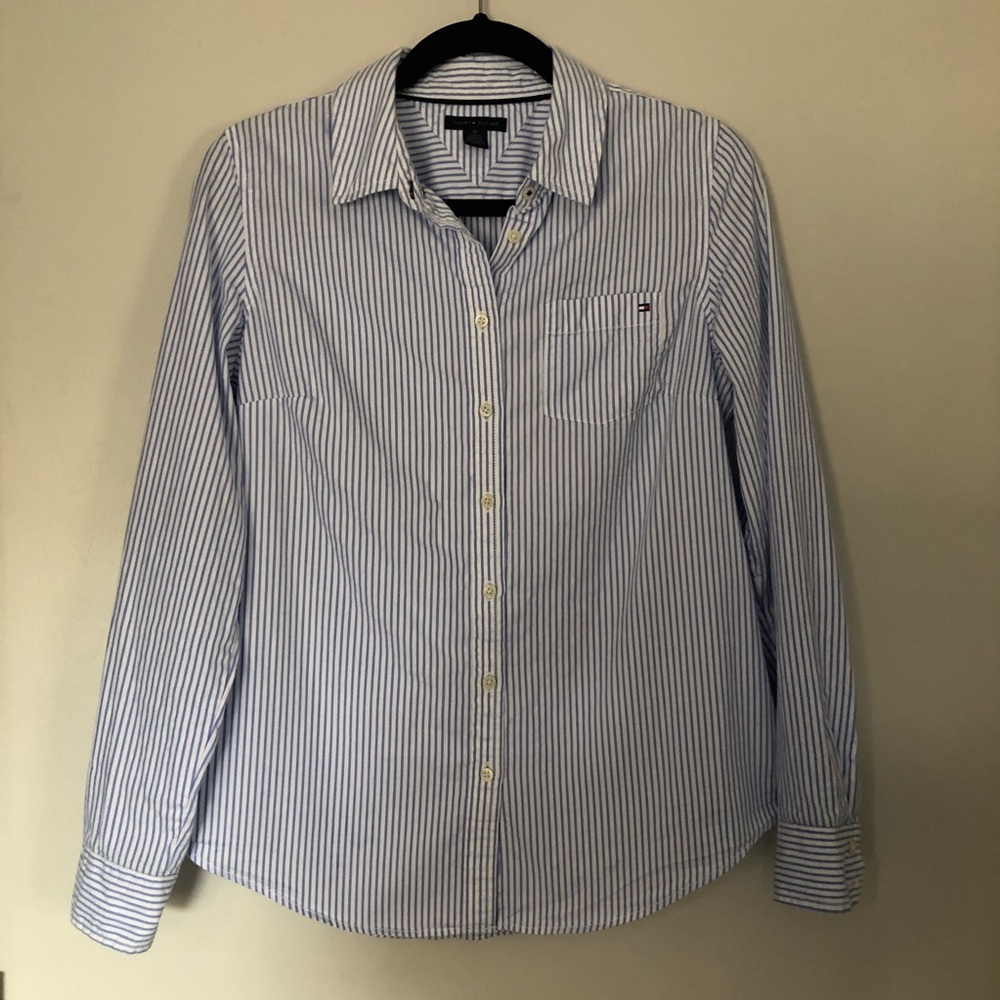Women’s Blue and White Stripped Button Down